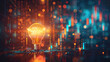 © ANEK - Strategy business planning ideas picture of futuristic graphic icon of glowing light bulb in hand with trading graph chart background.
