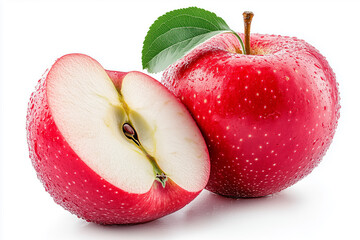 Wall Mural - Two apples, one cut in half, with a green leaf on top. The apples are red and shiny, and the leaf is green