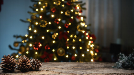 Wooden table under Christmas Tree