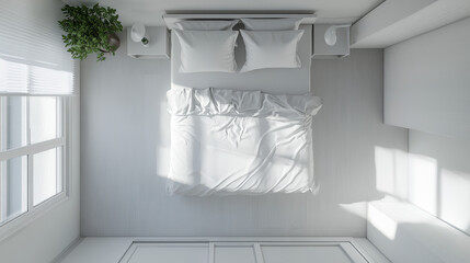 A simple, white bedroom viewed from above. The design is modern and sleek.