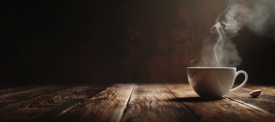 Warm Coffee Cup on Wooden Table with Rising Steam for Rustic Café Promotions