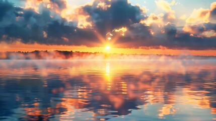 Wall Mural - detailed view of sunrise shining on a lake shouts from above