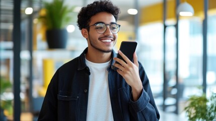 Wall Mural - Happy young entrepreneur speaking on a smartphone in a modern office, minimal background with copy space focusing on their expression.