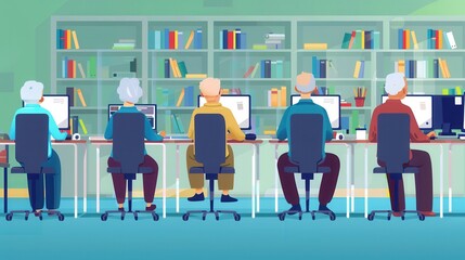 Leinwandbilder - A diverse group of elderly learners participates in a computer course, focused on enhancing their digital skills with various devices. Generative AI