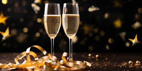 Champagne drink with filled glasses and gold confetti and ribbons new years eve party with copy space