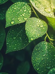 Poster - Dew-covered green leaves glisten in natural light, showcasing the refreshing beauty of nature and its vibrant life. Generative AI
