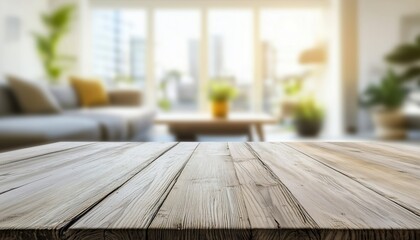 Poster - Blurred View Of Scandinavian Living Room Reflected On Empty Wooden Table: A Minimalist Interior Design Concept Displayed.
