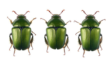 Poster - green june beetles resting in a row on a white surface generative ai