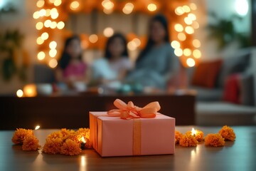 photorealistic diwali gift with a empty gift tage on a table. The gift is in focus and out of focus in the background are marigold decorations and a family in their living room celbrating diwali.