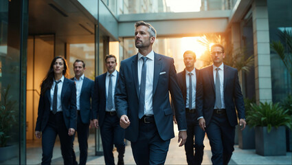 Business professionals in formal business attire walking together toward a modern office skyscraper. The scene reflects collaboration, determination, and success, making it perfect for corporate.