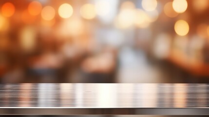 Steel table top with blurred background of a coffee shop or restaurant interior 