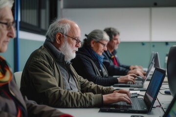 Leinwandbilder - A group of elderly participants focuses on their computer lessons, deepening their understanding of technology in a classroom setting. Generative AI