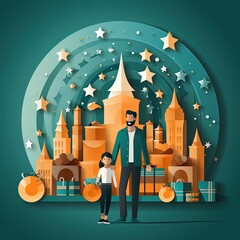 Wall Mural - Festive Christmas Shopping Scene Illustrated in Colorful Vector Art