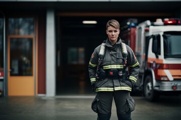 Firefighter in full gear standing with hands on waist in front of fire station entrance

