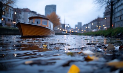 A serene canal scene featuring a boat amidst autumn leaves.