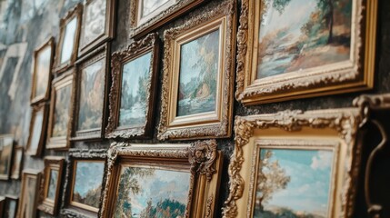 a collection of ornate gold picture frames hanging on a gallery wall with classic art.