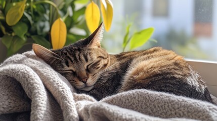 A cute tabby cat curled up in a soft blanket, peacefully napping on a sunny windowsill.