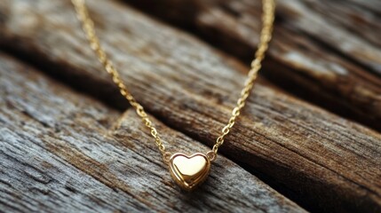 A delicate gold necklace with a heart-shaped pendant, displayed on a wooden table.