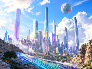 Futuristic cityscape with rainbow river