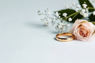 A gold wedding ring beside a pink rose and delicate white flowers.