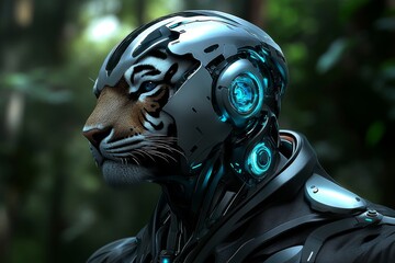 cybernetic animals in a futuristic wilderness, where tigers and eagles have robotic enhancements, bl