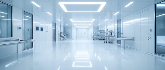 Poster - Futuristic cleanroom in a leadingedge semiconductor facility, featuring advanced nanotechnology production, ultraclean surfaces, and sophisticated equipment