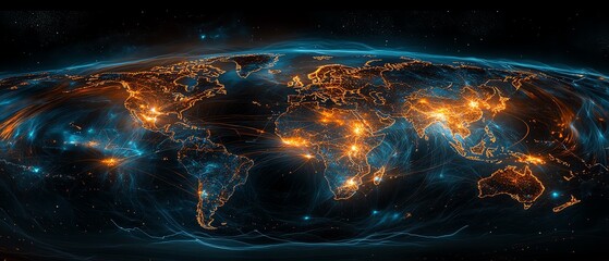 Leinwandbilder - Dynamic visualization of a global radio network, featuring a 3D map of Earth illuminated with communication pathways and satellite connections
