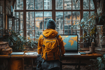 Poster - A person working remotely in a multicultural company, attending a global webinar focused on diversity. Concept of education.
