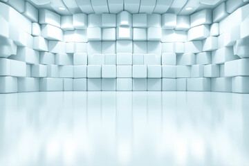 Poster - Modern minimalist interior with white cubic walls and reflective floor in a spacious setup