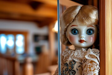 Vintage porcelain doll in a glass display case, with delicate features, painted eyes, and an elegant lace dress, standing perfectly poised in a collectorâ€™s room