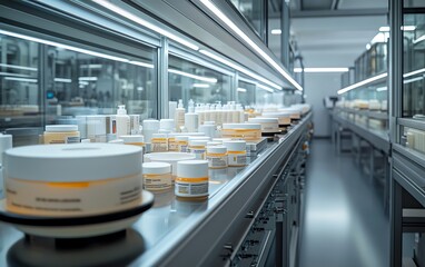Poster - Wideangle view of a hightech face cream production line in a contemporary factory, emphasizing cleanliness and organization, with products ready for shipment
