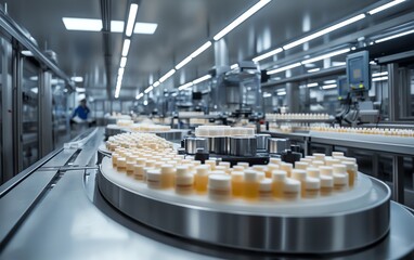 Poster - Wideangle view of a hightech face cream production line in a contemporary factory, emphasizing cleanliness and organization, with products ready for shipment