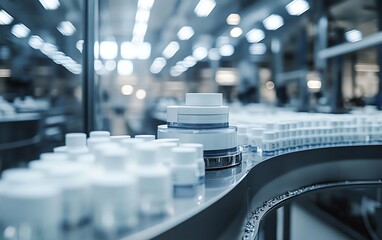 Poster - Wideangle view of a hightech face cream production line in a contemporary factory, emphasizing cleanliness and organization, with products ready for shipment
