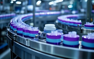 Poster - Wideangle view of a hightech face cream production line in a contemporary factory, emphasizing cleanliness and organization, with products ready for shipment