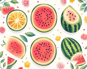 Lively cartoon patterns with delightful Korean watermelon images, combining playful elements and bright colors for an inviting summer design