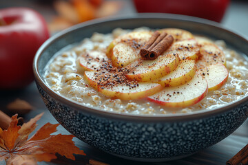 Wall Mural - Seasonal breakfast bowls with apples, oats, and cinnamon bring autumn flavors to the table. Concept of autumn breakfast.