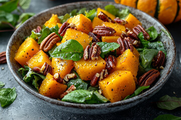 Sticker - Autumn salads feature ingredients like roasted squash, apples, and pecans. Concept of autumn salads.