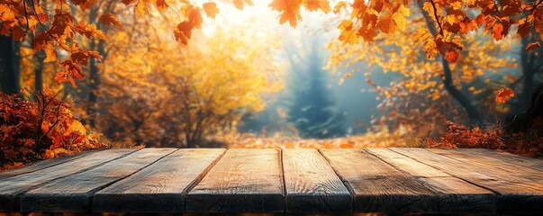 Poster - Elegant representation of a wooden table placed in a tranquil autumn forest, with soft light highlighting the beauty of the changing seasons