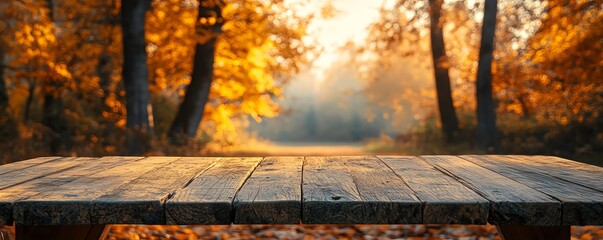 Poster - Elegant representation of a wooden table placed in a tranquil autumn forest, with soft light highlighting the beauty of the changing seasons