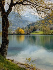 Canvas Print - A serene Swiss lake reflects the surrounding mountains and vibrant spring foliage, creating a picturesque natural scene of tranquility. Generative AI