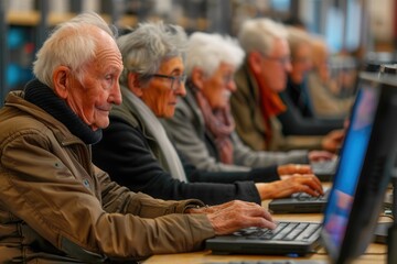 Leinwandbilder - A group of older adults focuses on their laptops, participating in a computer course to enhance their digital skills and knowledge. Generative AI