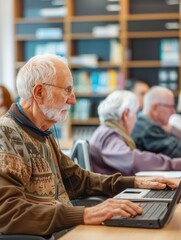 Leinwandbilder - A group of seniors engages in computer lessons, exploring technology on various devices at a community center. Generative AI
