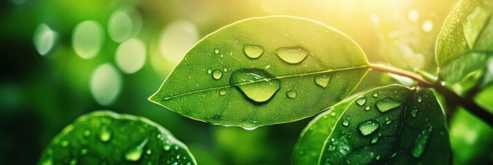 Sticker - Delicate leaves glisten with water droplets, capturing the essence of freshness and vitality in a serene, sunlit environment. Generative AI