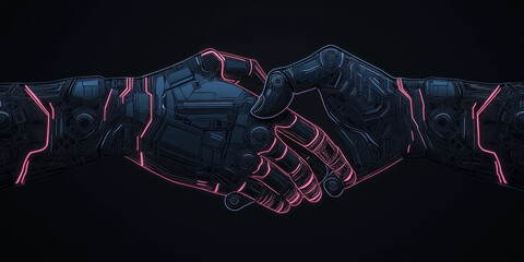 Two robotic hands shake, glowing with pink neon.