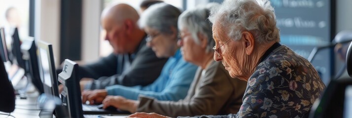 Leinwandbilder - A group of elderly individuals focus on their laptops, learning digital skills in a supportive community center environment. Generative AI