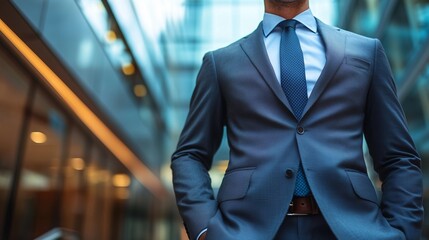 A professional businessman in a formal suit, captured in a modern corporate environment. High-resolution  photo ideal for business themes, leadership, and professional presentation.