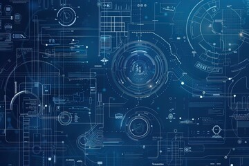 futuristic blue digital interface with hud elements and technical diagrams
