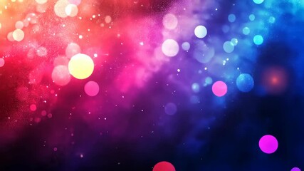 A vibrant, blurred background of pink, red, and blue light with sparkles
