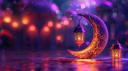 Wall Mural - ramadan kareem with a purple backdrop and an orange crescent moon for festival mubarak