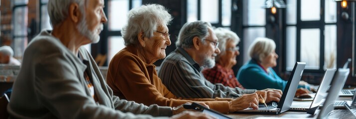 Leinwandbilder - A group of elderly people participates in computer courses, focusing intently on laptops at a community center. Generative AI